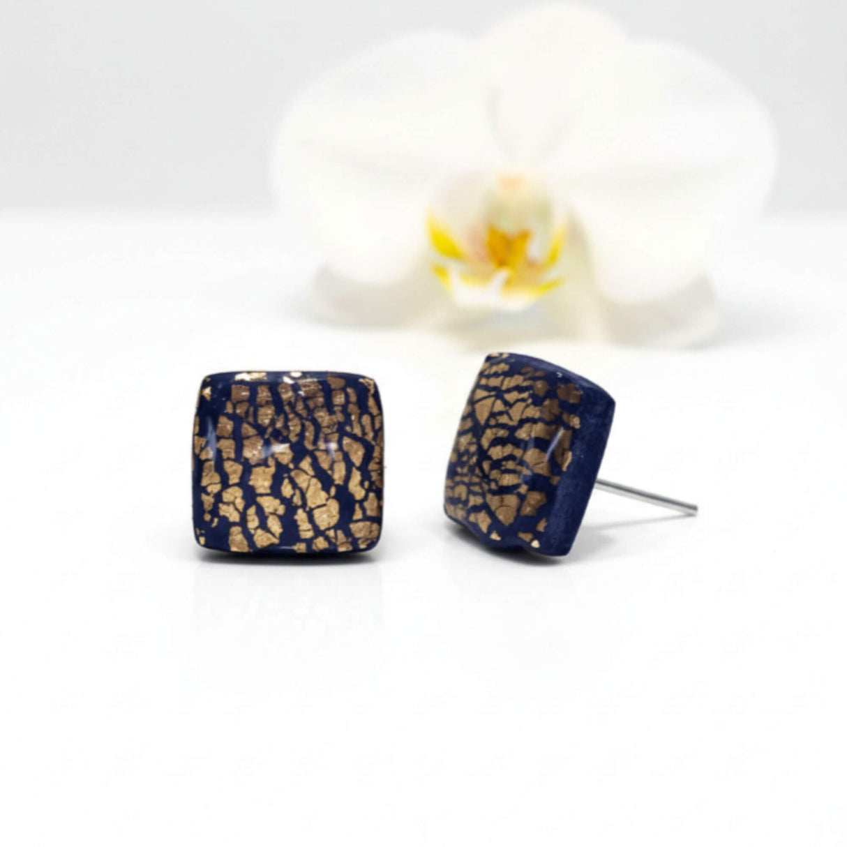 Navy & Gold Stud Earrings – Minimalist Handmade Clay Jewellery