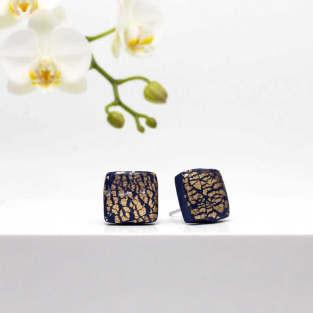 Navy & Gold Stud Earrings – Minimalist Handmade Clay Jewellery