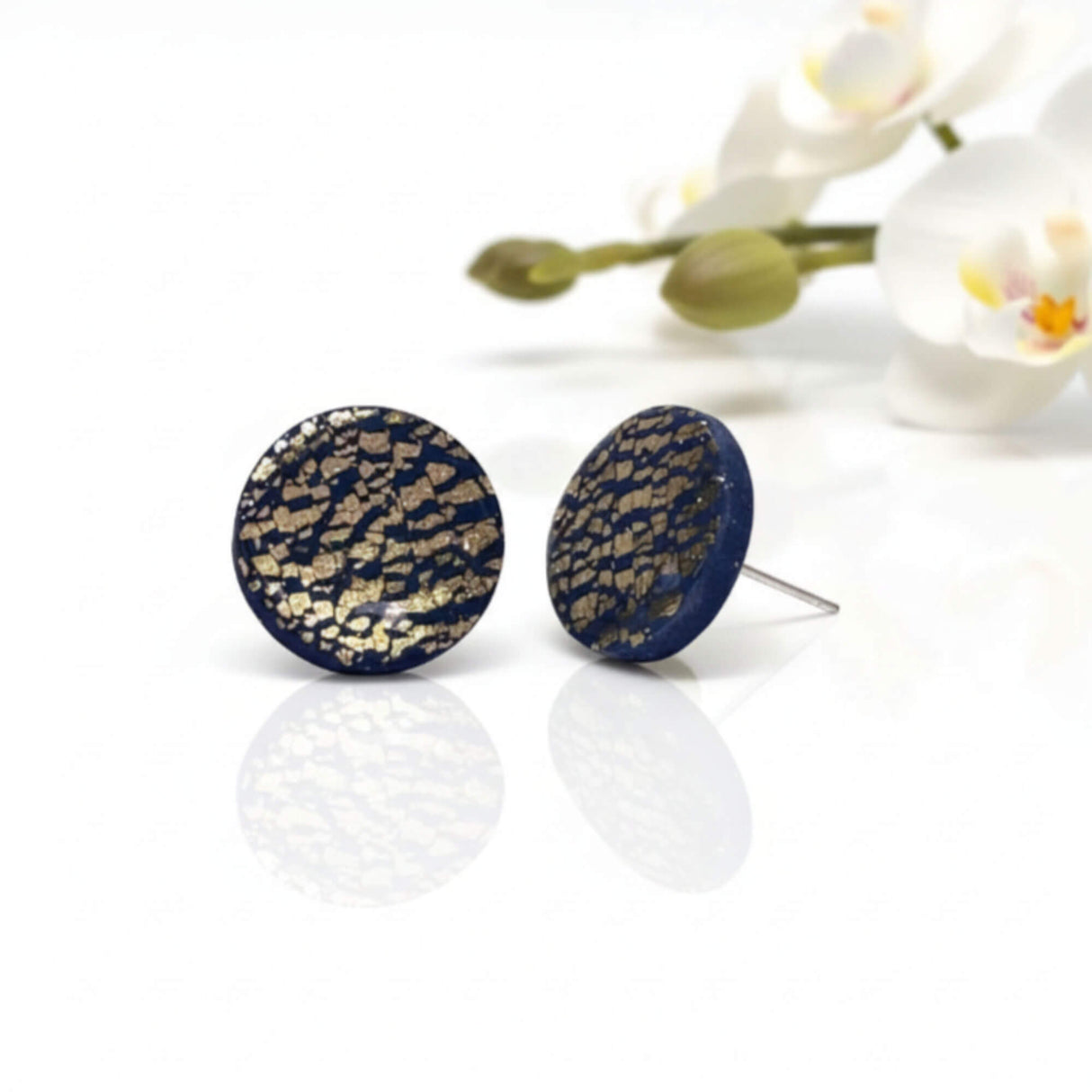 Navy and Gold Stud Earrings for Women - styled image - Lottie Of London Jewellery