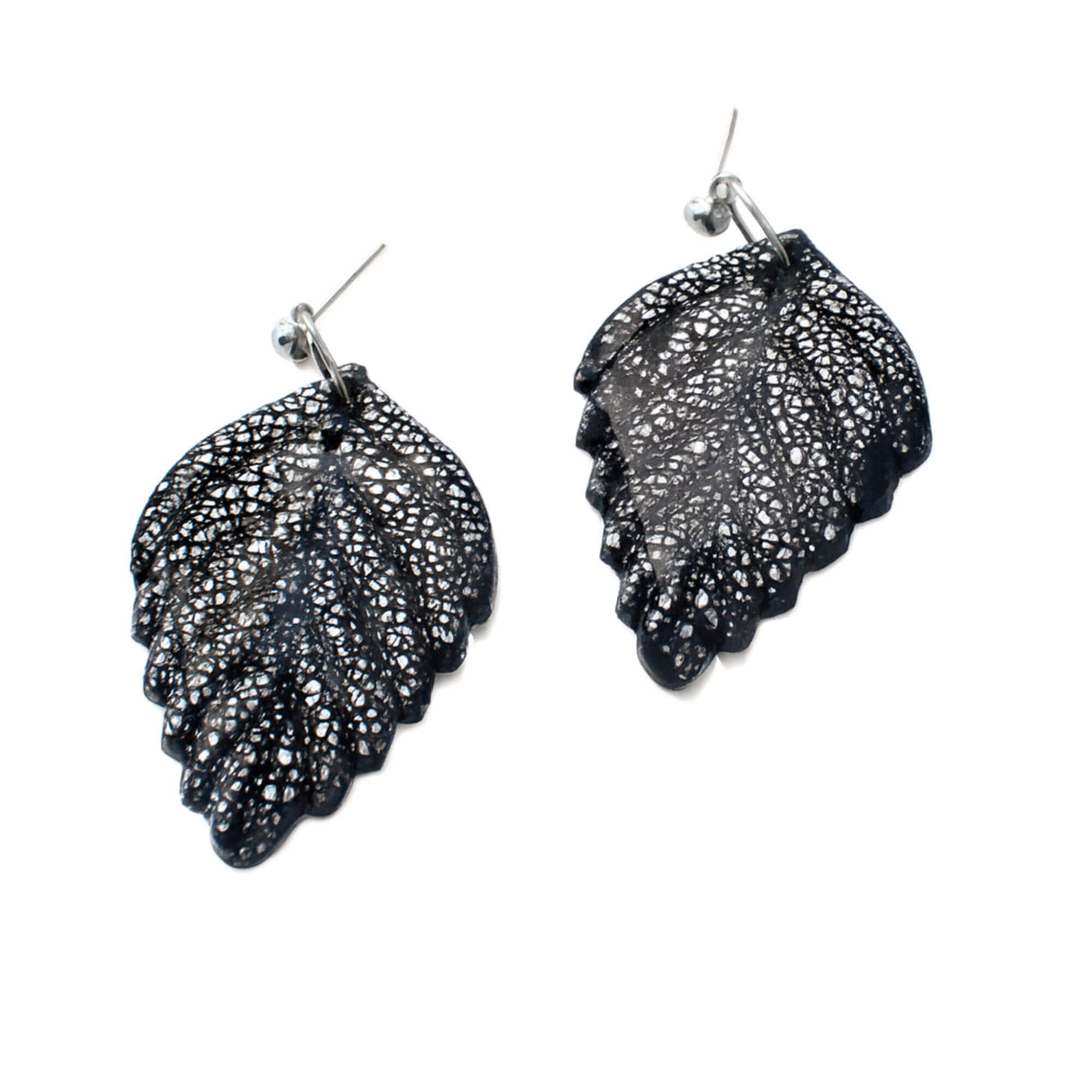 Navy and silver leaf drop earrings at lottie of london