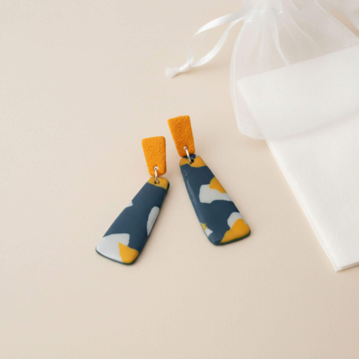 navy terrazzo long drop earrings lifestyle handmade at Lottie of London