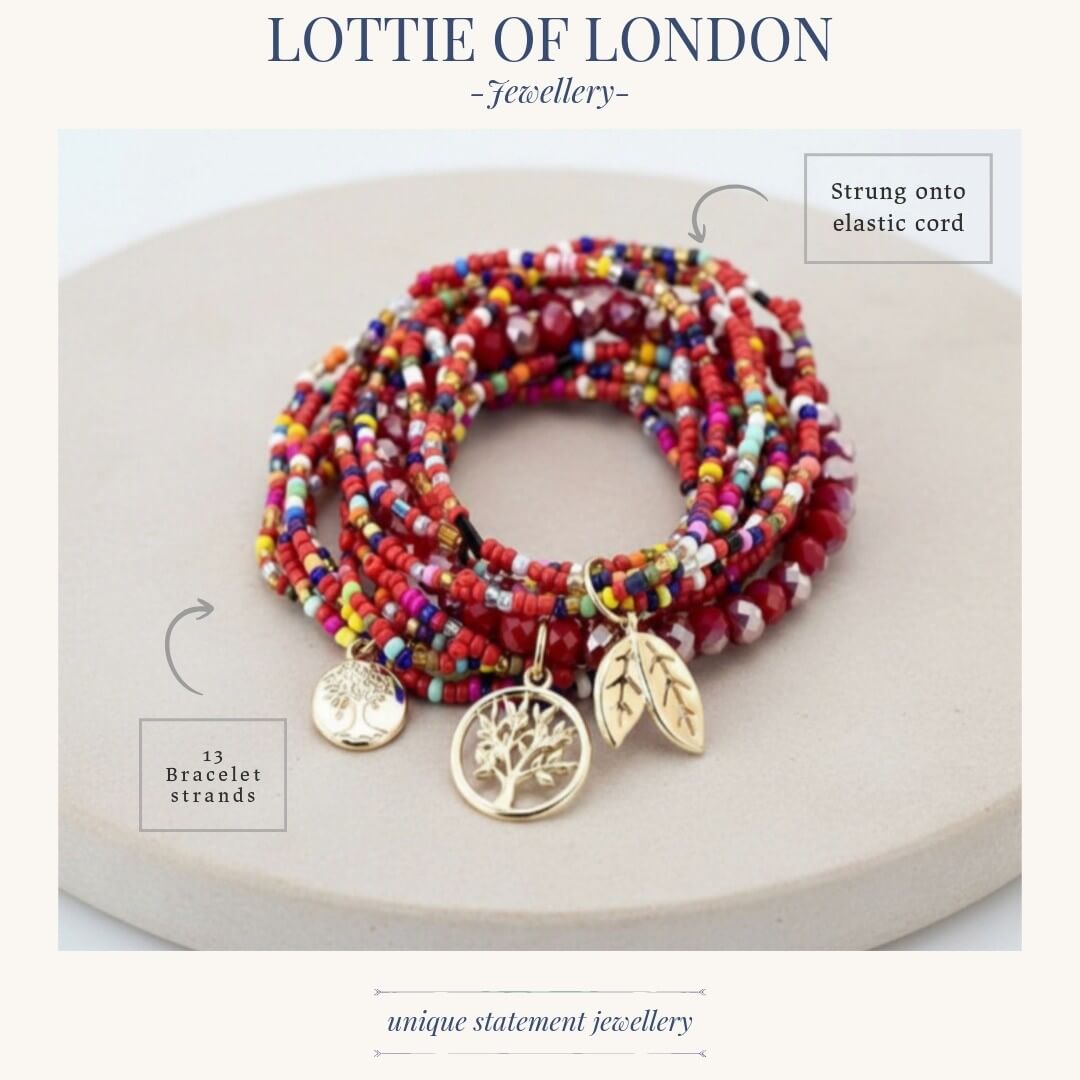 Red beaded stacking bracelet infographics at Lottie of London