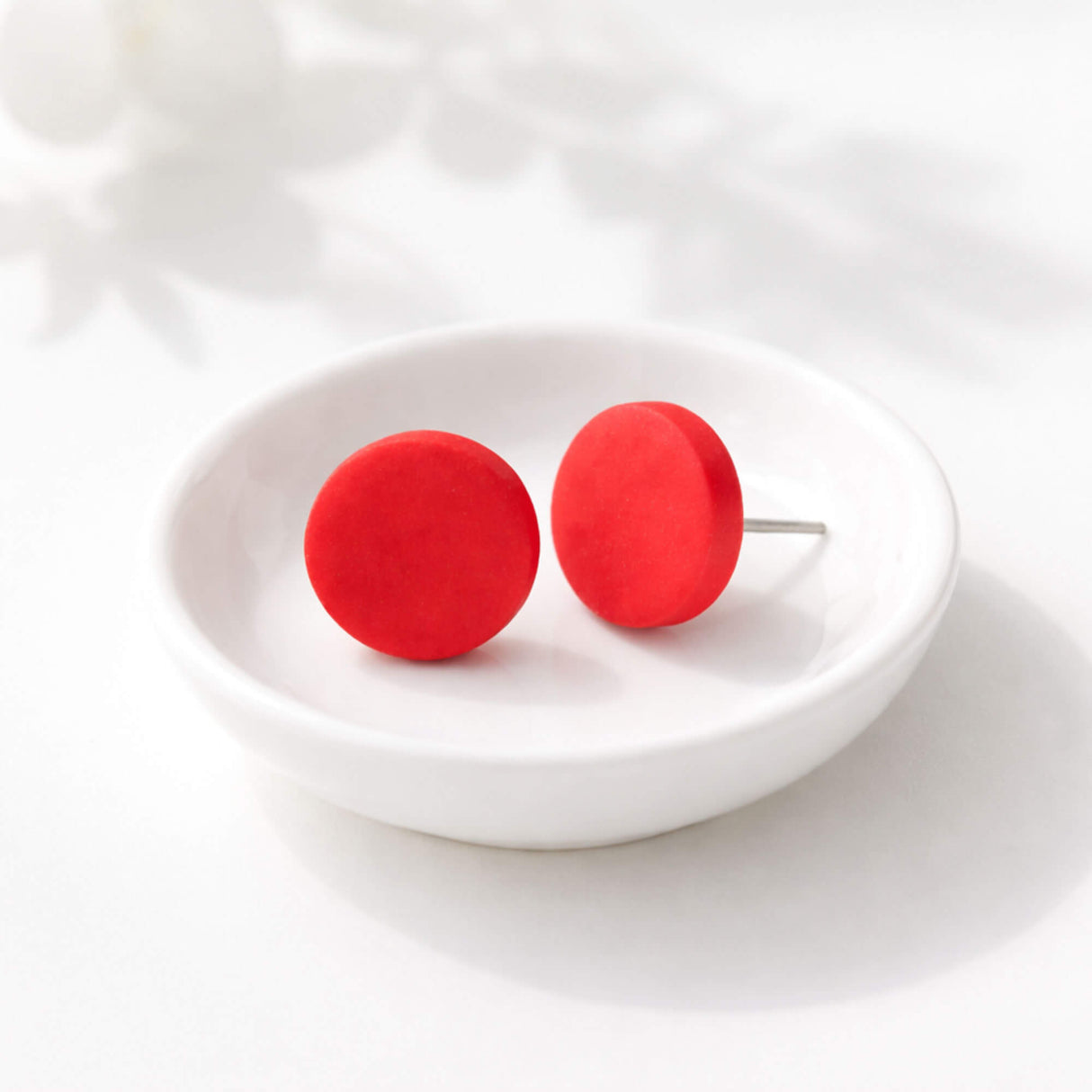 red large stud clay earrings lifestyle handmade at Lottie of London