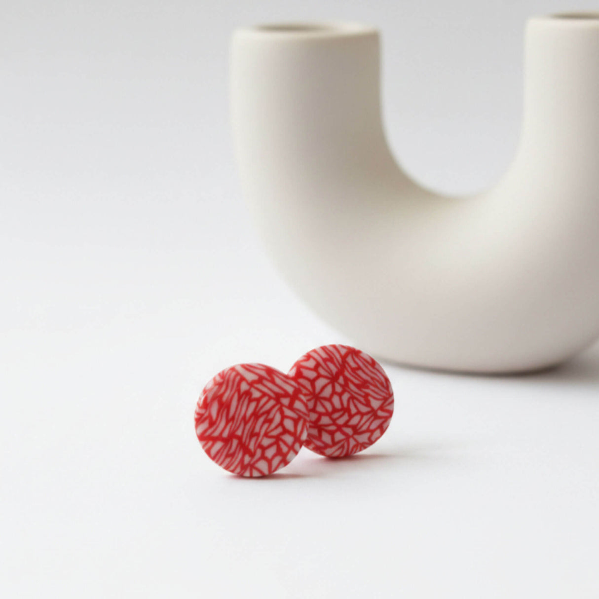 Red & White Pattern Stud Earrings | Minimalist Clay Studs