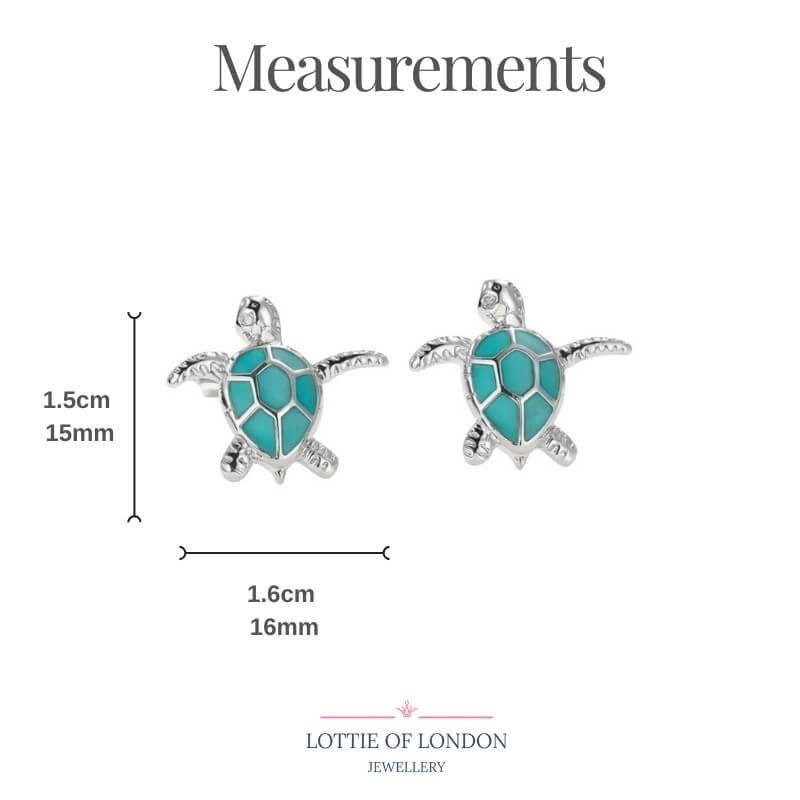 turquoise Blue small Turtle stud earrings infographics - Lottie of London jewellery
