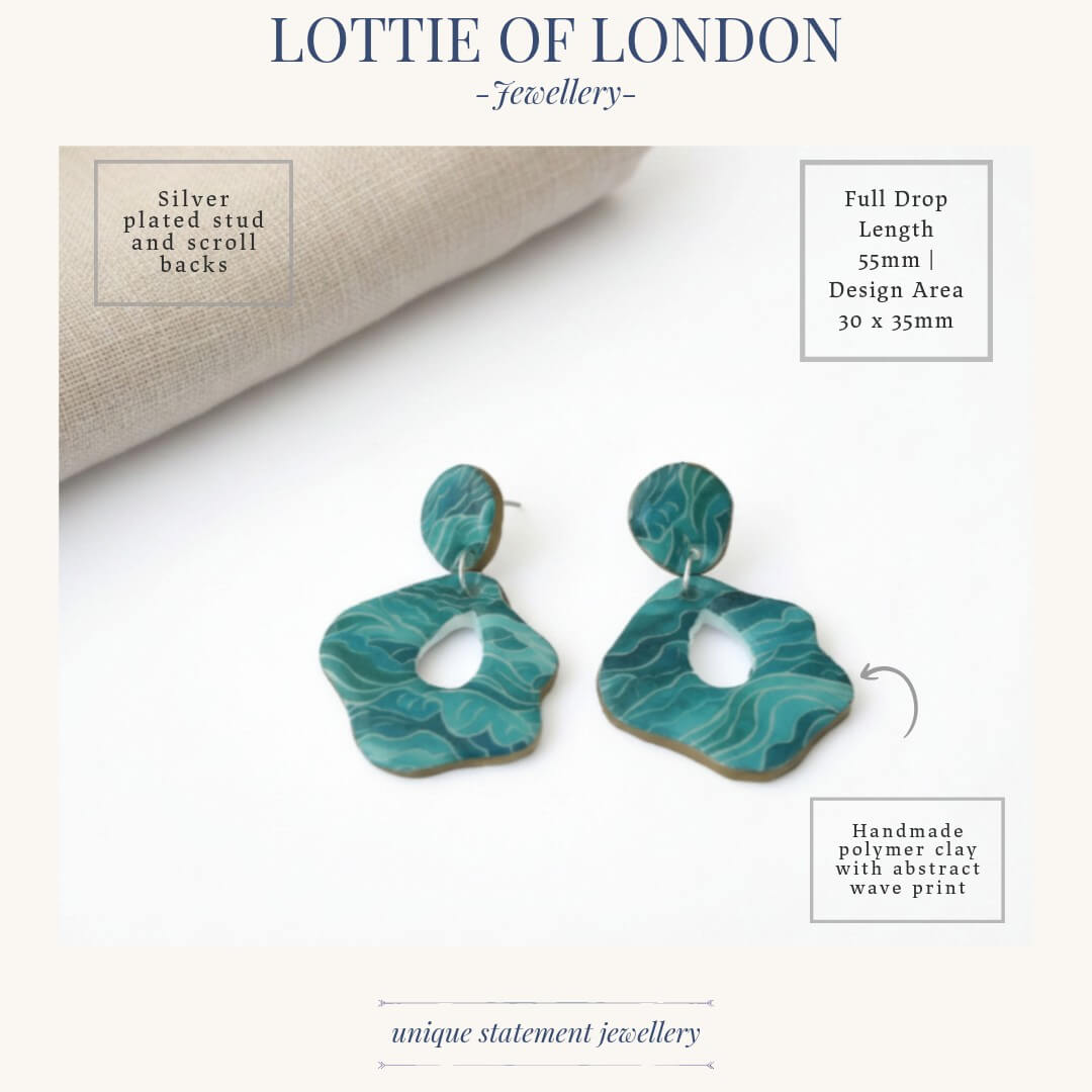 Turquoise Print Statement Drop Earrings - Wave Print | Limited Edition