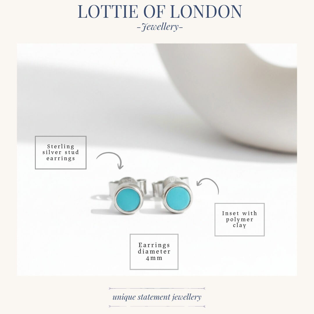 turquoise blue sterling silver small stud earrings handmade sizes at lottie of london