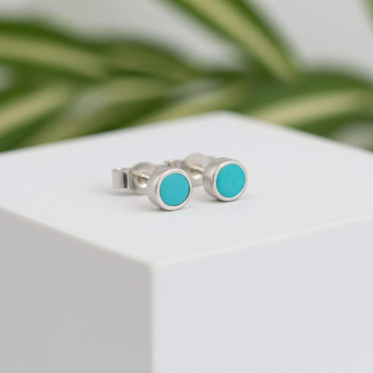 turquoise blue sterling silver small stud earrings, lifestyle, handmade at lottie of london