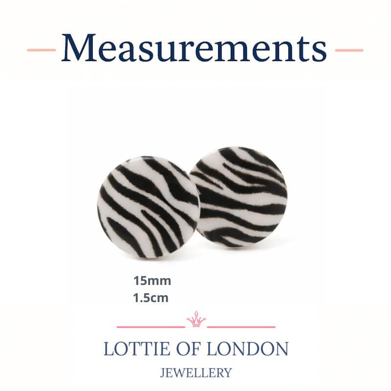 A measurement graphic for Lottie of London zebra-print stud earrings, showing two round studs with a black and white zebra pattern. The text indicates a size of 15mm