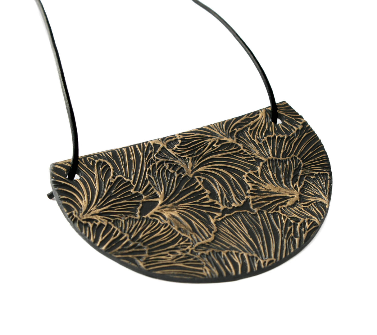 black and gold bib necklace, ginkgo design