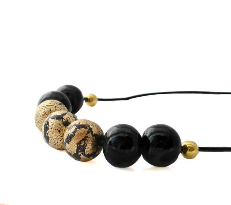 black and gold bead necklace close up - handmade at lottie of london jewellery