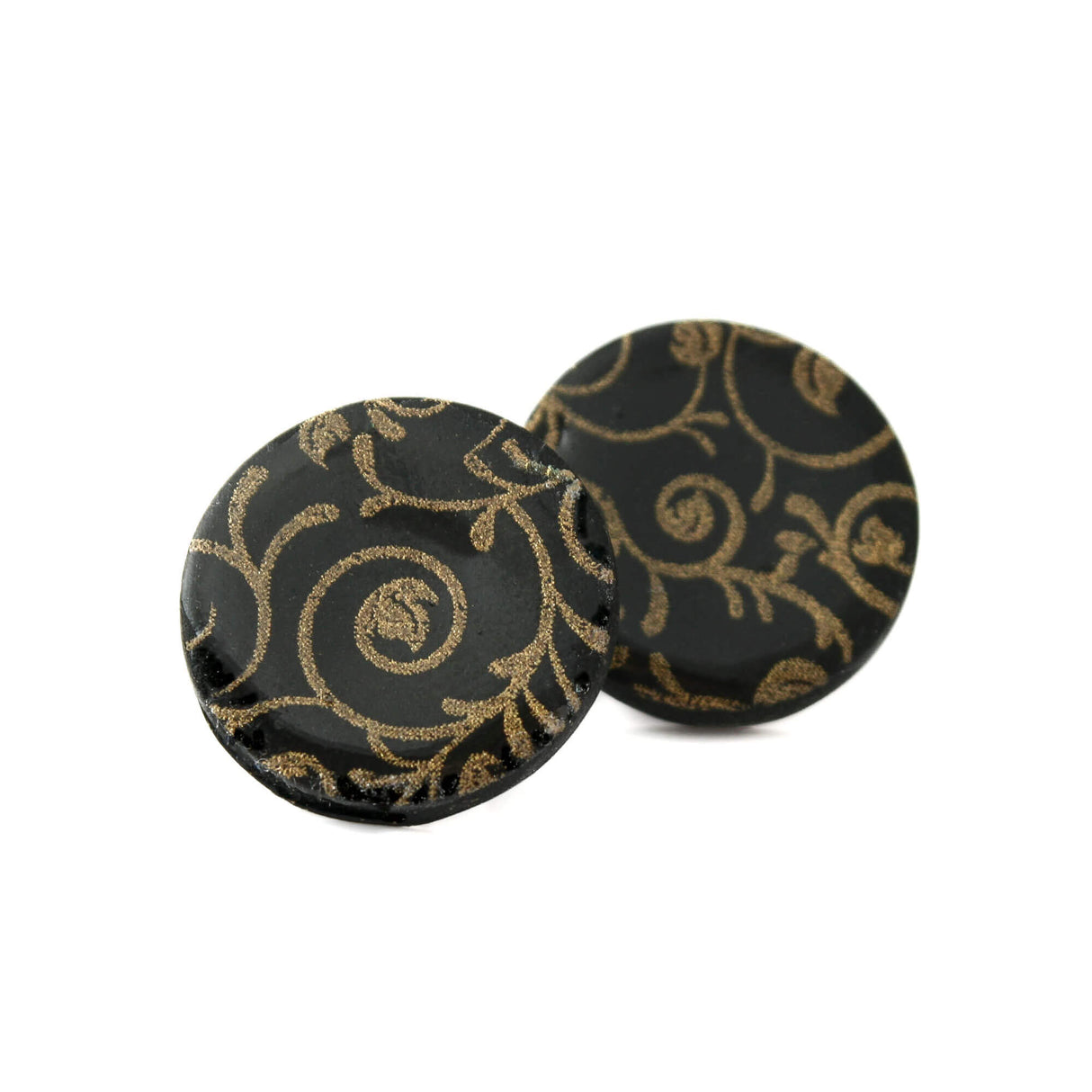 Black and gold round stud earrings for women | Clay jewellery