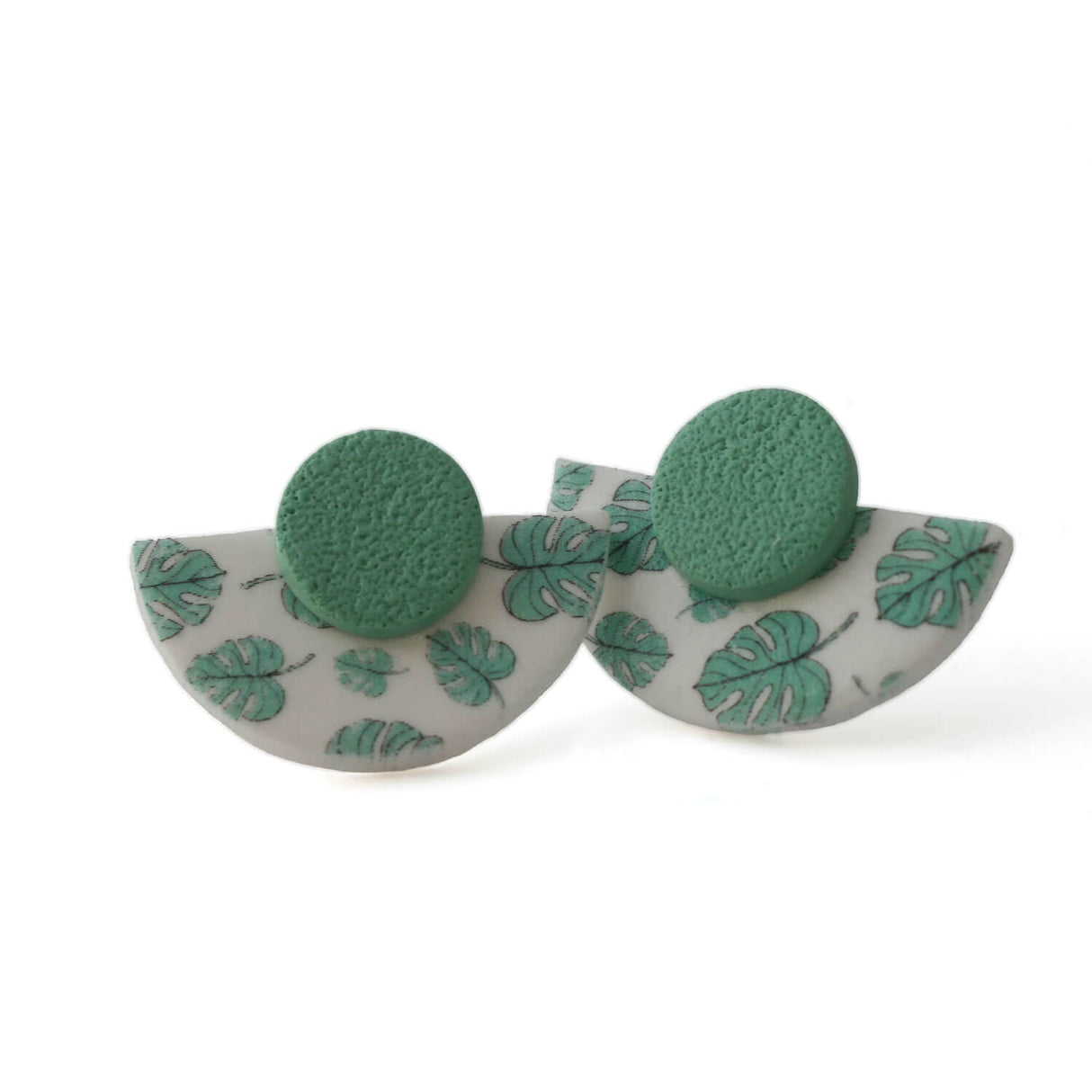 Art Deco Stud Earrings with Monstera Leaf Print