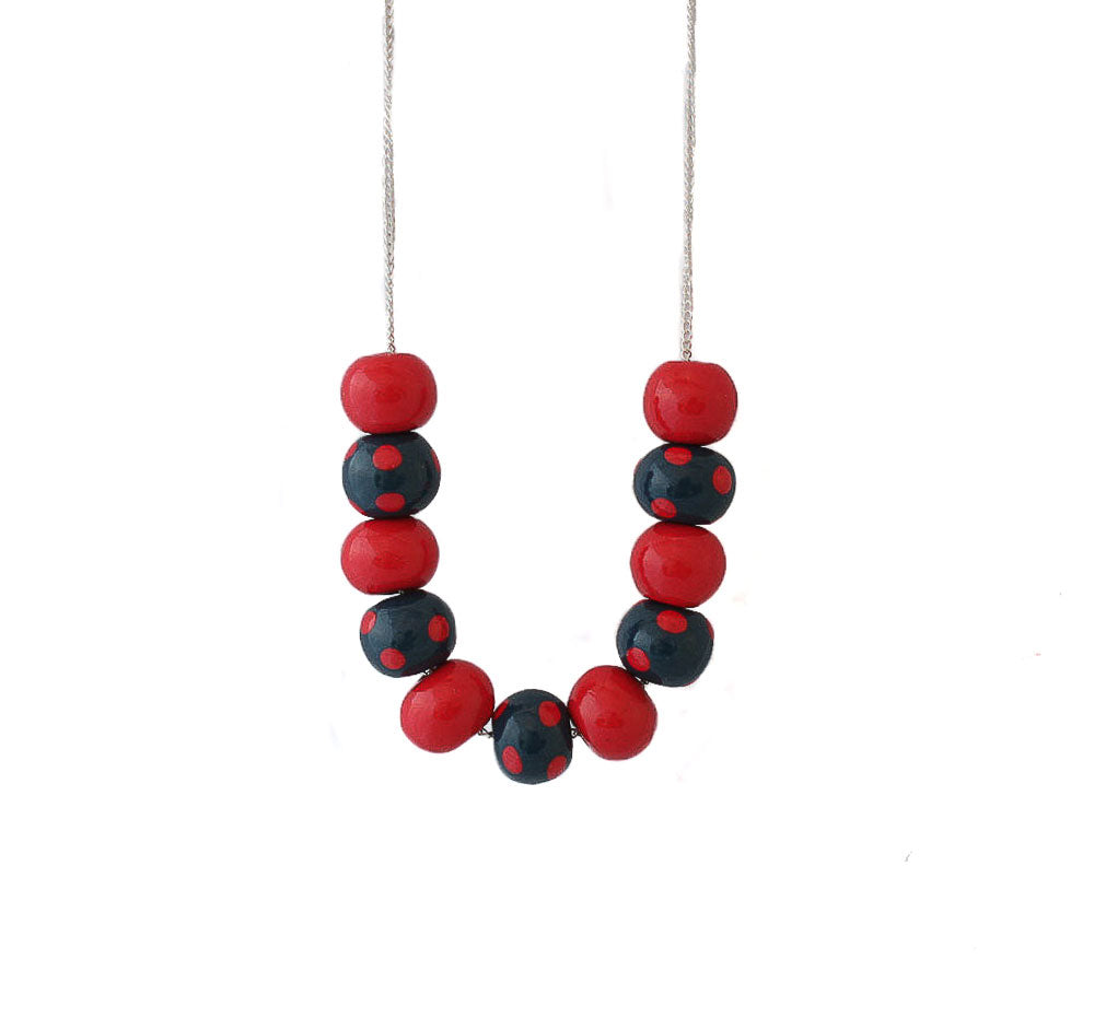 Navy & Red Polka Dot Bead Necklace