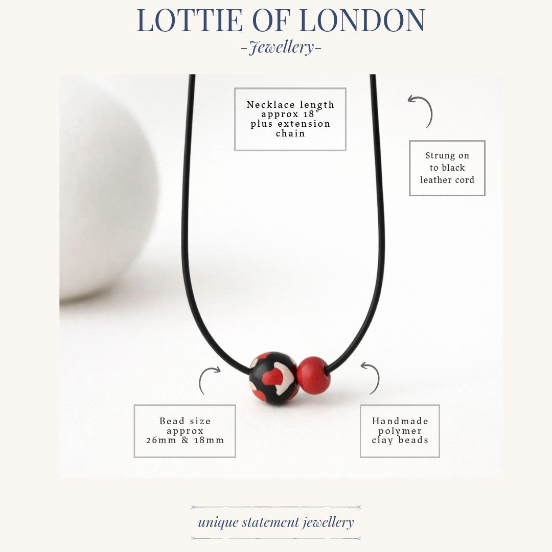 black red bead necklace, infographics, handmade jewellery at lottie of london