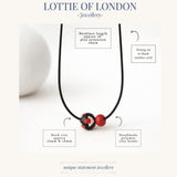 black red bead necklace, infographics, handmade jewellery at lottie of london