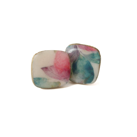 Square Stud Earrings for Women with Floral Print