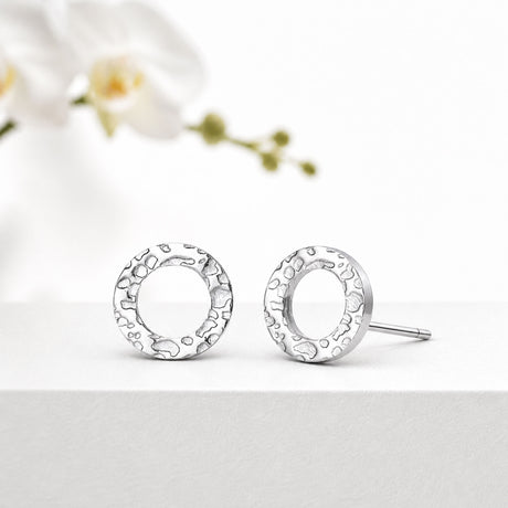 Silver hammered circle stud earrings lifestyle image