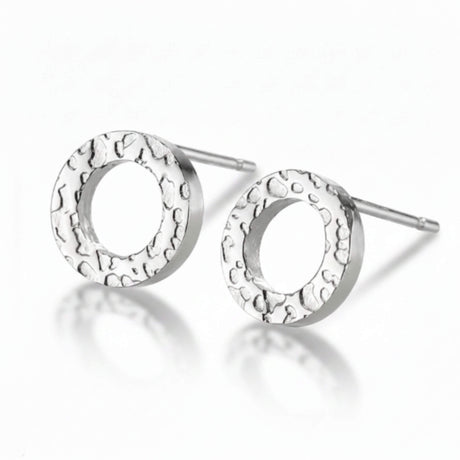 Silver circle stud earrings with hammered texture 