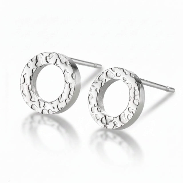 Silver circle stud earrings with hammered texture 