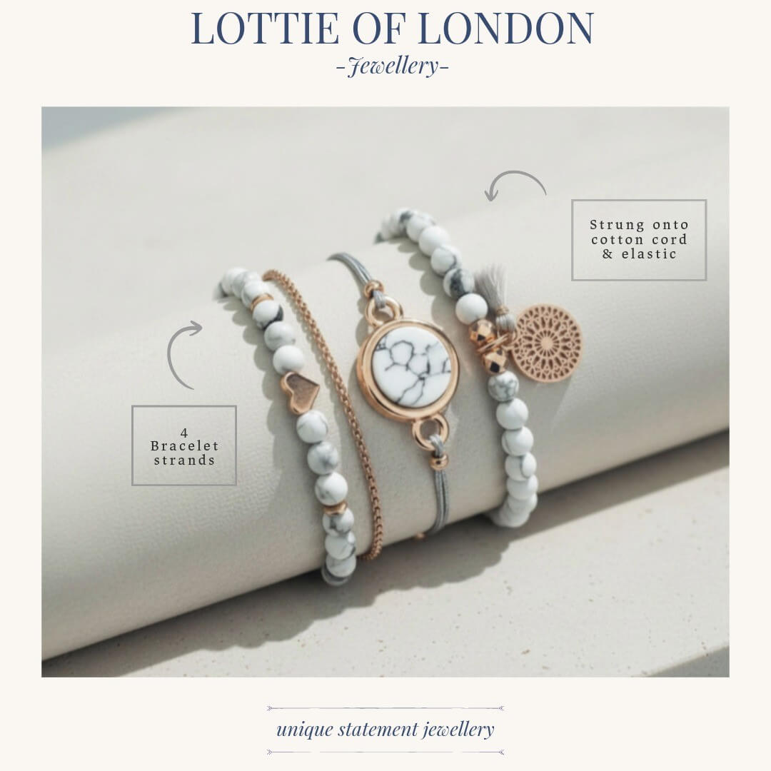 white and grey layered bracelet stack infographics at Lottie of London