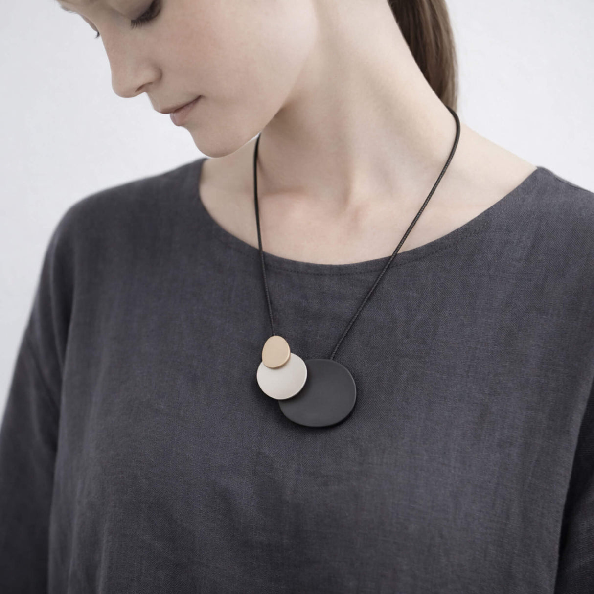abstract pendant necklace, statement jewellery at Lotte of London, model shot