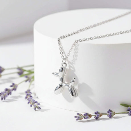 Balloon dog pendant necklace,  jewellery at Lotte of London, close up image