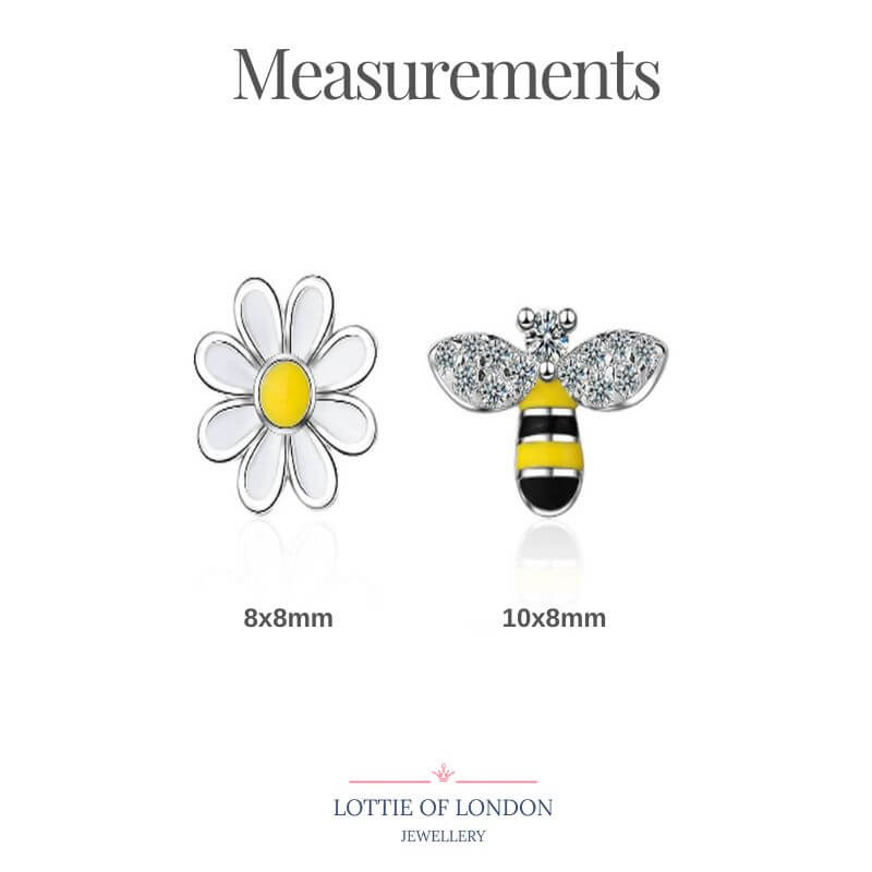 bee and flower stud earrings, jewellery at lottie of london, size guide