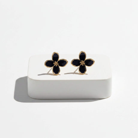 Black Enamel Flower Stud Earrings for Women