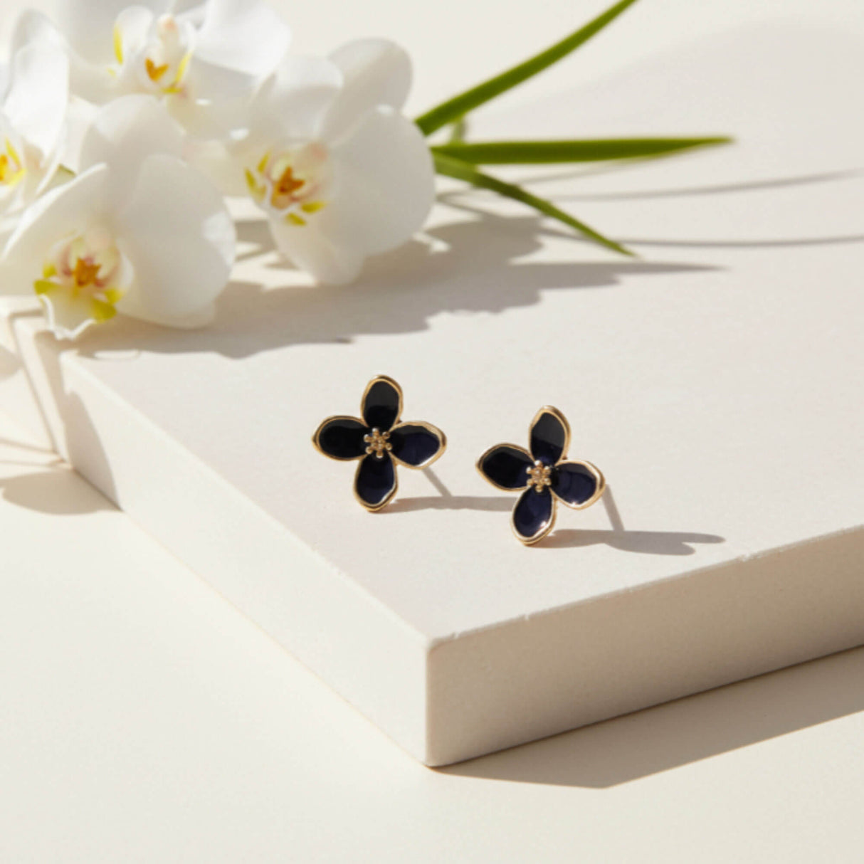 Black Enamel Flower Stud Earrings for Women