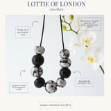 black and silver statement necklace infographics handmade at Lottie of London