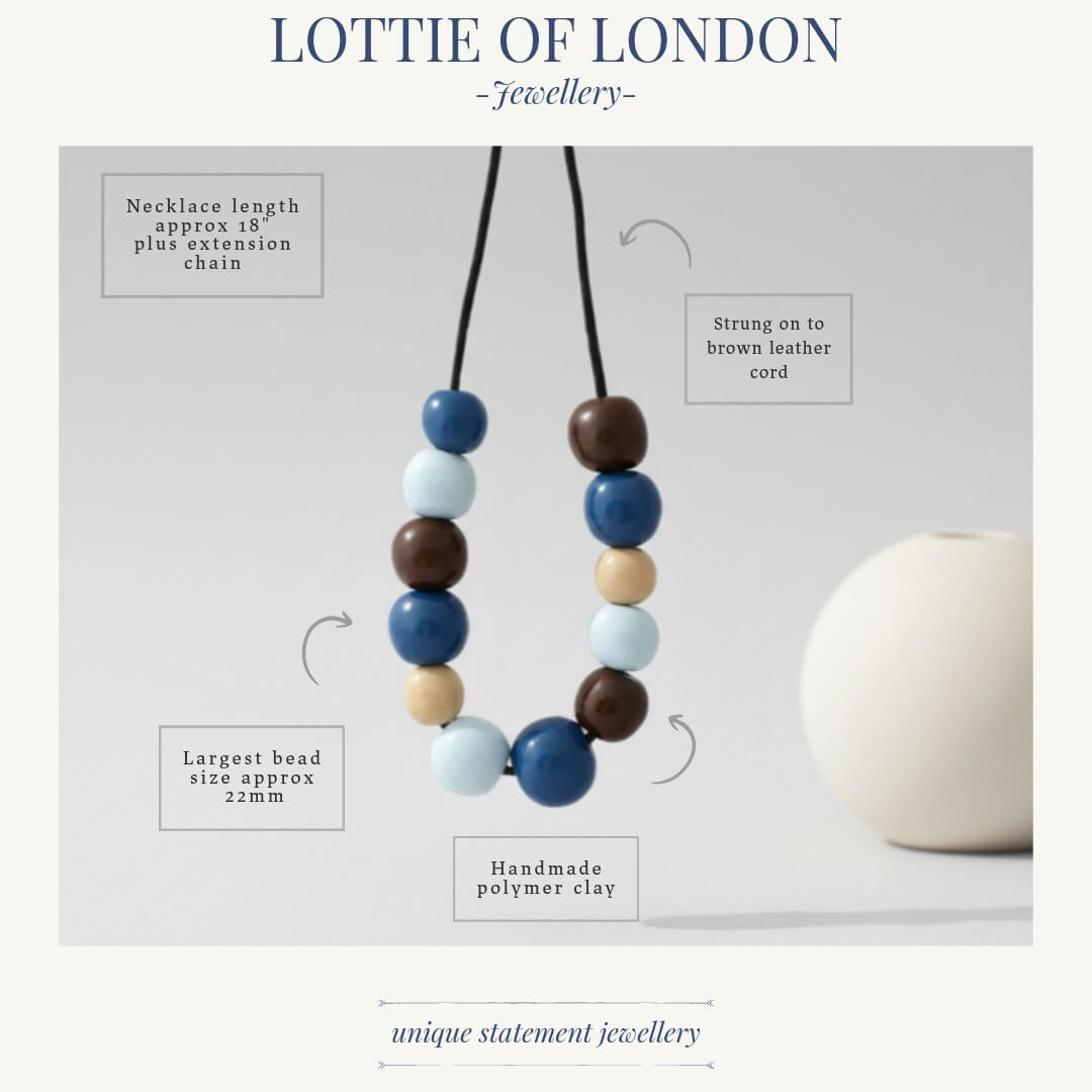 blue & brown chunky statement necklace, handmade clay jewellery at lottie of london, infographics