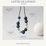 blue & brown chunky statement necklace, handmade clay jewellery at lottie of london, infographics