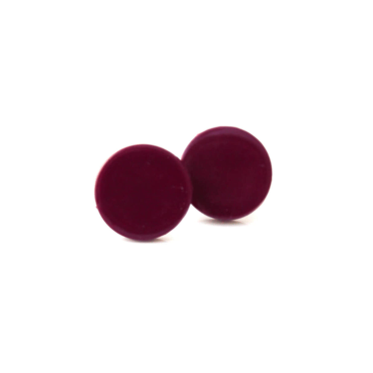 burgundy red large stud earrings, handmade clay jewellery at Lottie of London 