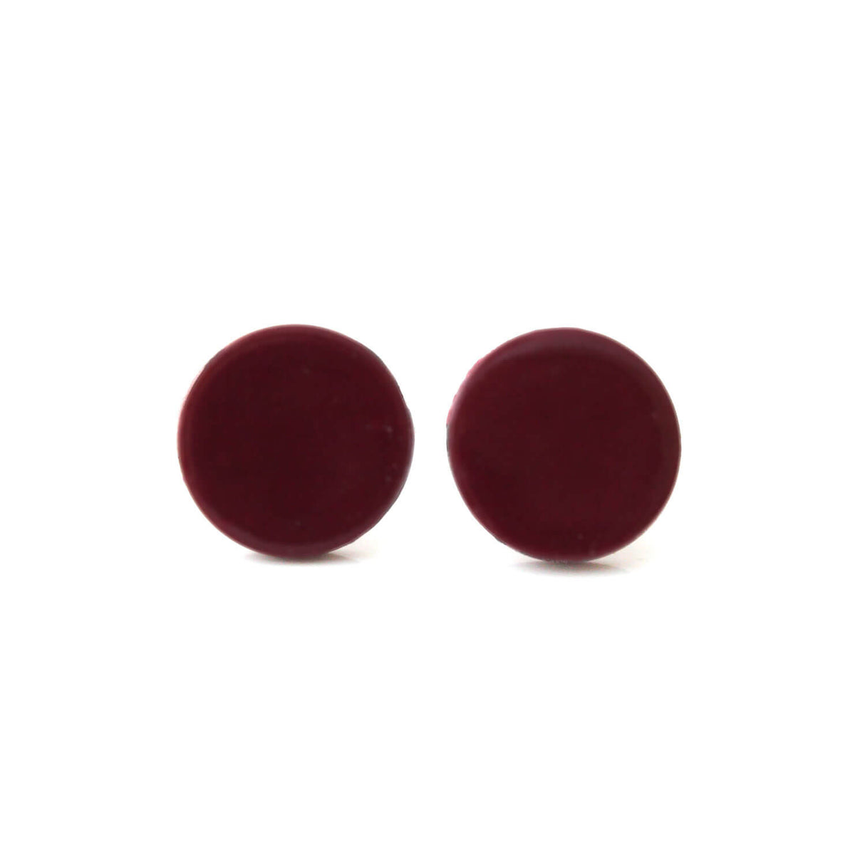 burgundy red small stud earrings, handmade clay jewellery at Lottie of London 