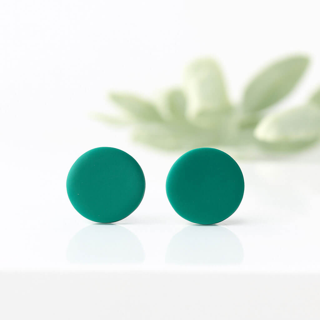 small emerald green clay stud earrings, lifestyle image, handmade  jewellery at lottie of london