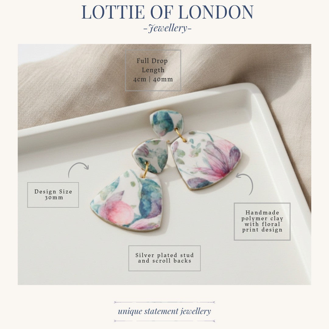 Vintage Floral Statement Drop Earrings, infographics, Handmade Jewellery - Lottie Of London Jewellery
