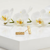 Small Gold bar stud earrings on plinth
