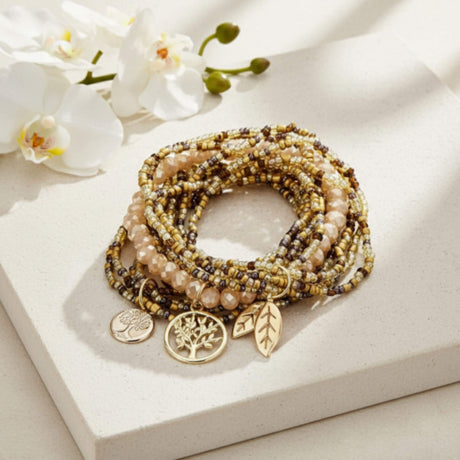 gold beaded bracelet stack at Lottie Of London