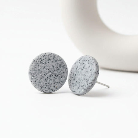 granite grey stud earrings, handmade clay jewellery at Lottie of London, lifestyle image
