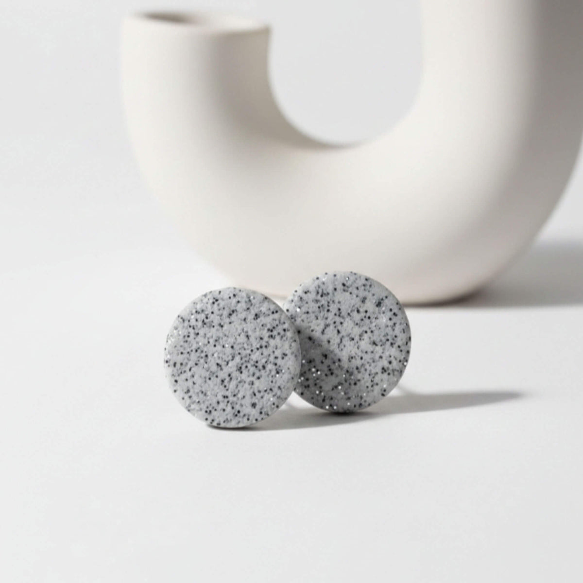 granite grey large stud earrings, handmade clay jewellery at Lottie of London, lifestyle image