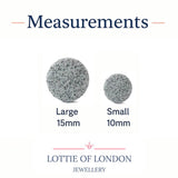 A size comparison graphic for Lottie of London Jewellery showing two circular stone settings labeled Large 15mm and Small 10mm under the heading 'Measurements'.