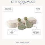 Green drop earrings, infographics, handmade jewellery at lottie of london