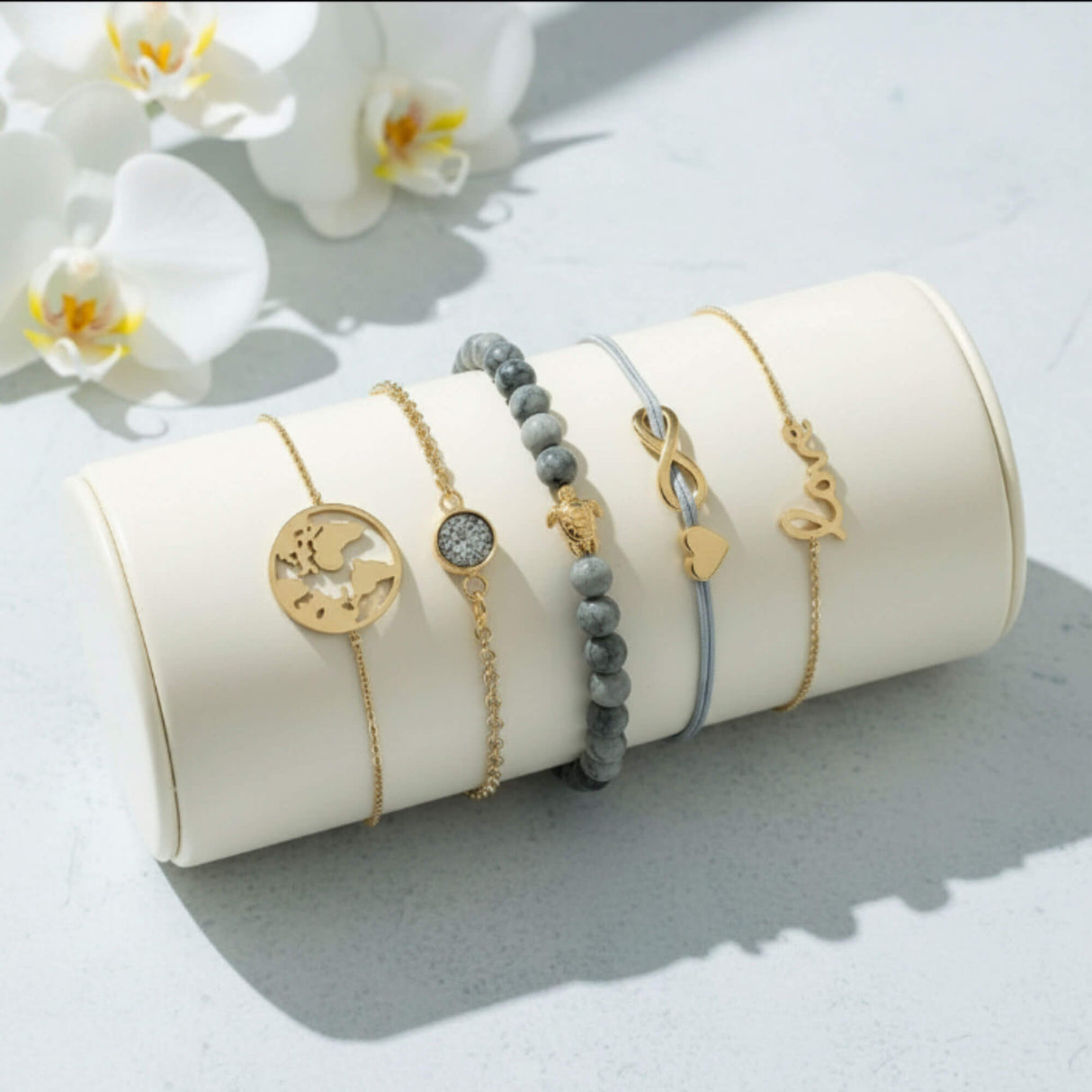 grey and gold stacking bracelet lifestyle at Lottie of London