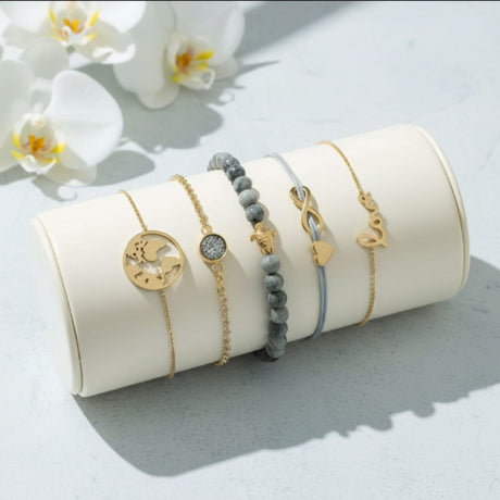 grey and gold stacking bracelet lifestyle at Lottie of London