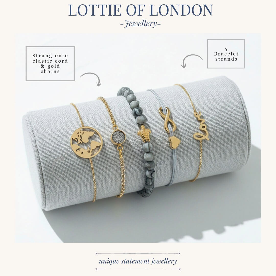 grey and gold stacking bracelet infographics at Lottie of London