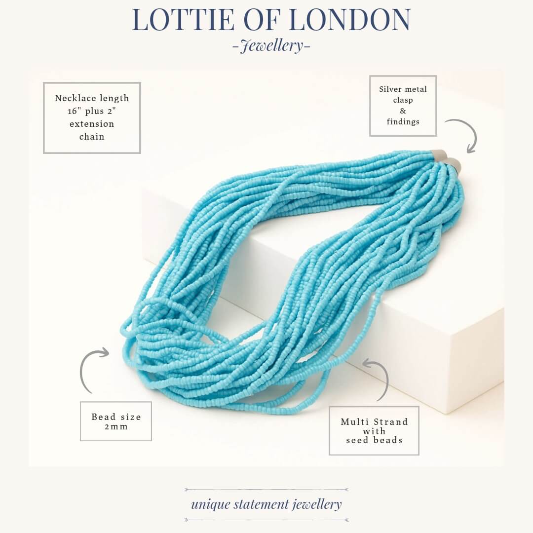turquoise blue multi-strand necklace infographics at lottie of london