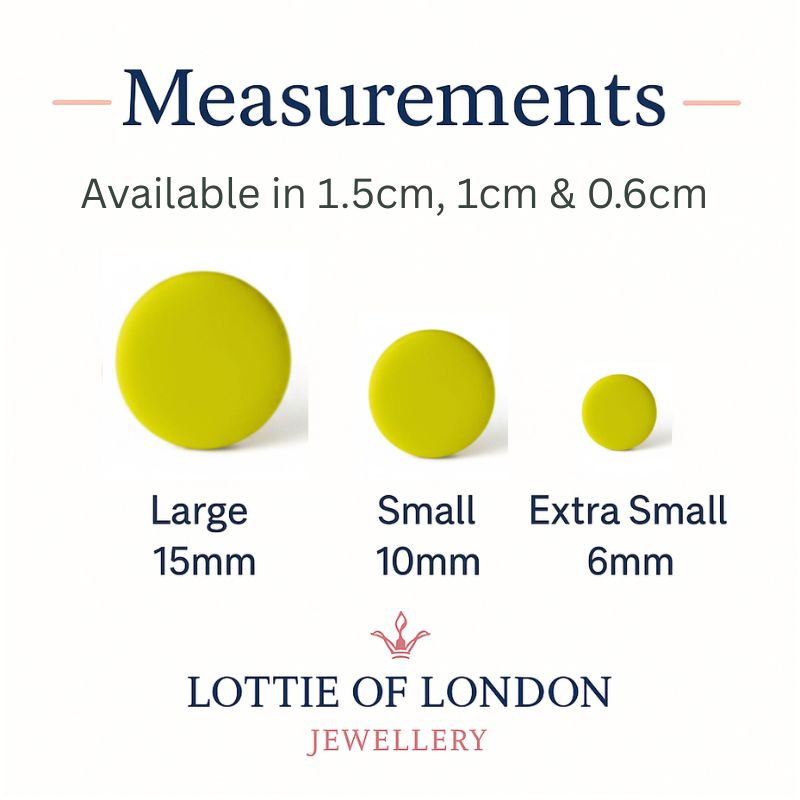 lemon yellow stud earrings, handmade clay jewellery at lottie of london, size guide
