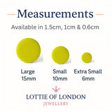 lemon yellow stud earrings, handmade clay jewellery at lottie of london, size guide