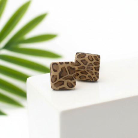 leopard print square stud earrings, lifestyle image, handmade at Lottie Of London